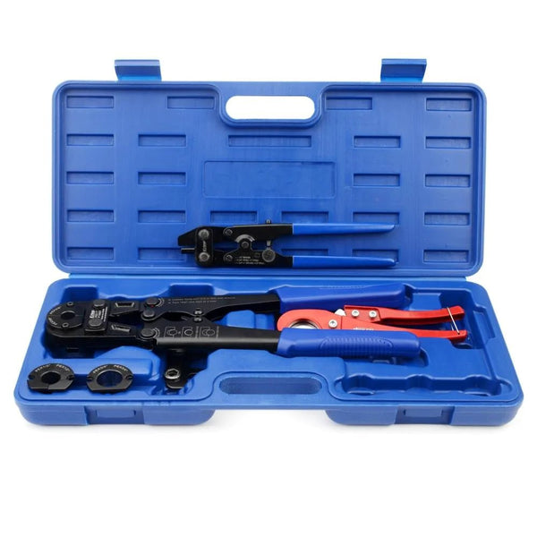 F1807 PEX Crimp Tool Kit with 3/8,1/2,3/4,1-inch Jaws, Pex Cutting Tool, Removal Tool, Go/No-Go Gauge