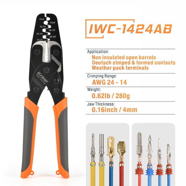 IWC-1424AB AWG24-14 Wire Crimper for Weather Pack Terminals, Open Barrel Terminals, Stamped Contacts, Wire Stripper & Cutter