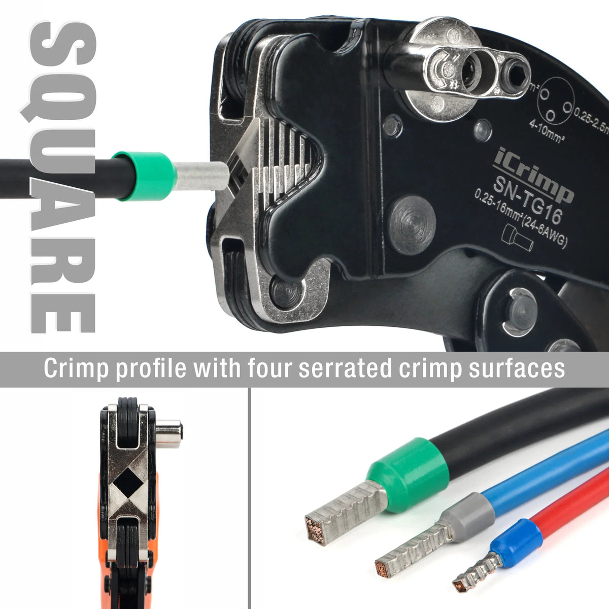 Crimp profile with four serrated crimp surfaces