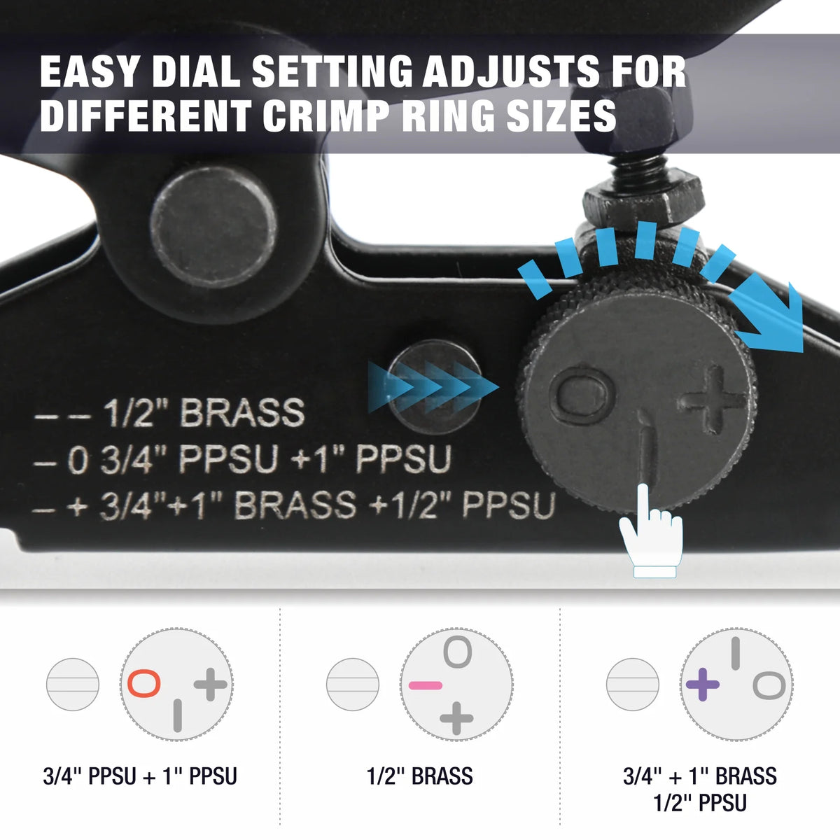 EASY DIAL SETTING ADJUSTS FOR DIFFERENT CRIMP RING SIZES