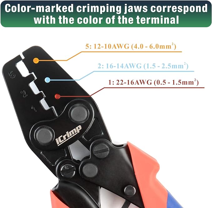 Color-marked crimping jaws correspond with the color of the terminal