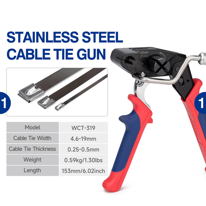 iCrimp WCT-319 Stainless Steel Cable Tie Gun for Fastening & Cutting up to 19mm SS Zip Ties, c/w Cable Tie Removal Tool