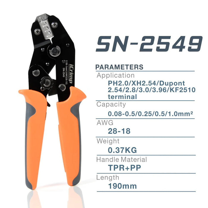 ICrimp SN-2549 Ratcheting Crimp Tool For JST, Dupont, Molex Terminals – Handles 1.5mm To 3.96mm Pitch, AWG28-18 Wires
