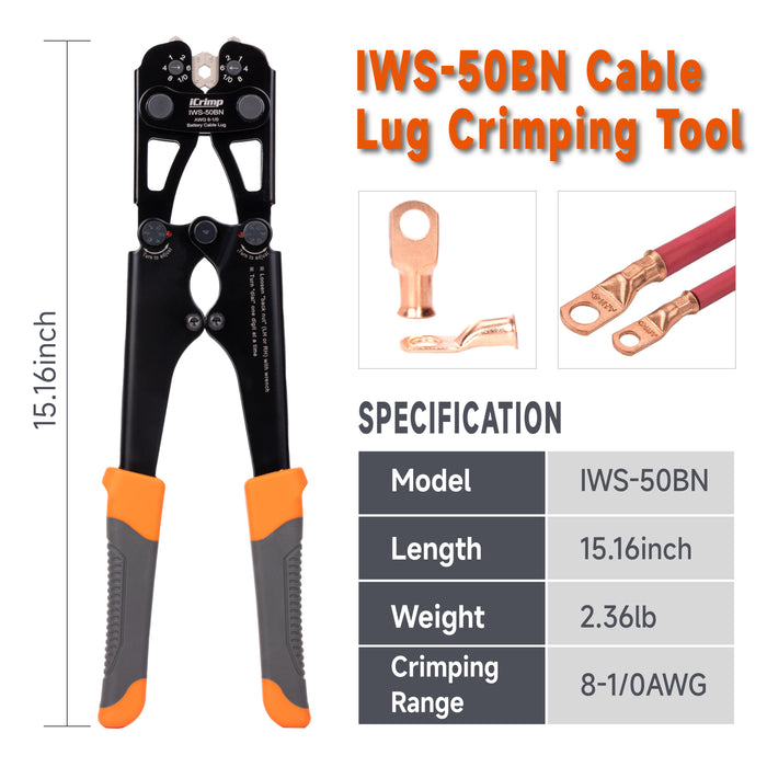 iCrimp IWS-50BN Kit Battery Cable Lug Crimping Tool Kit for AWG 8-1/0 Electrical Lug with cable cutter & Stripper