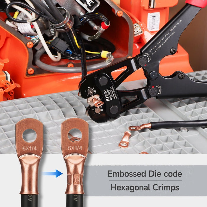 Crimping tool and copper terminals with embossed die code