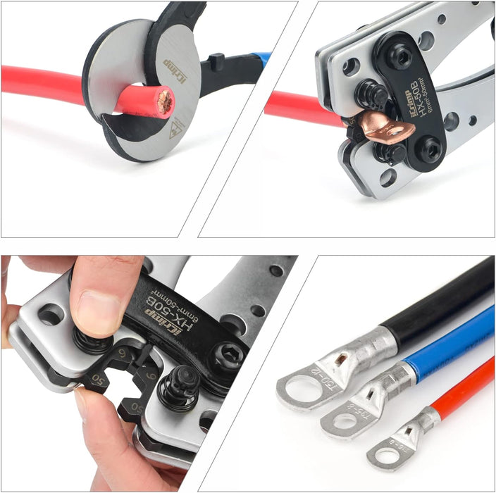 iCrimp Battery Cable Terminal Crimper Kit for Crimping 6-50mm² Battery Cable Lugs, c/w Cable Cutter, Cable Stripping Knife
