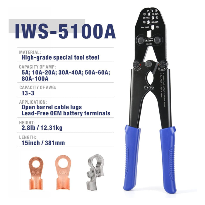 iCrimp ‎IWS-5100A Battery Cable Lug Crimping Tool for Open Barrel Lug,Lead-Free OEM Battery Terminals,B Type Crimper for AWG 13-3