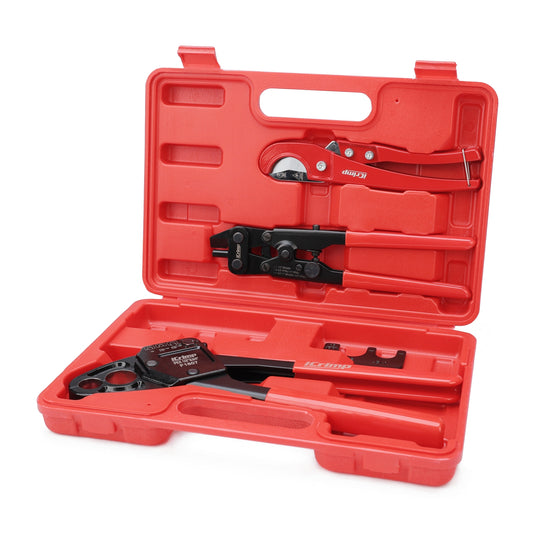 ICP-1234AH Dual Size PEX Crimp Tool Kit for 1/2" & 3/4" Copper Crimp Rings, with PEX Removal Tool and Cutter