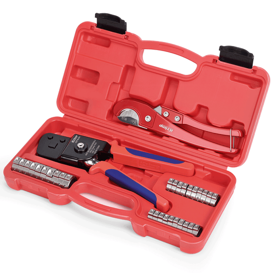 PEX Cinch Tool Kit with 20PCS 1/2-in, 10PCS 3/4-in Clamps and Pipe Cutter, One-Handed PEX Crimper for 3/8"-1" Stainless Steel Clamps