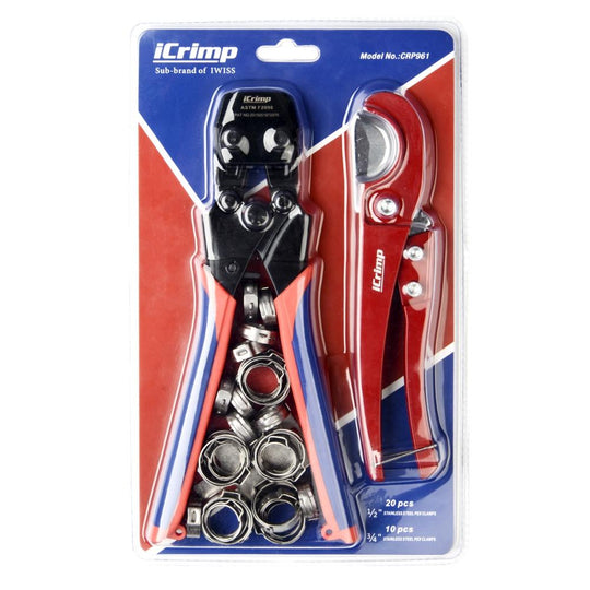 CRP961 Mini PEX Pipe Quick Cinch Tool Set for 3/8" to 1-inch Stainless Steel Clamp with 30PCS Clamps