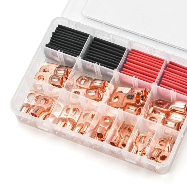 50PCS Heavy Duty Wire Lugs, AWG8, 6, 4, 2, 1/0, Battery Cable Closed Ends with 40PCS Heat Shrink Tubes