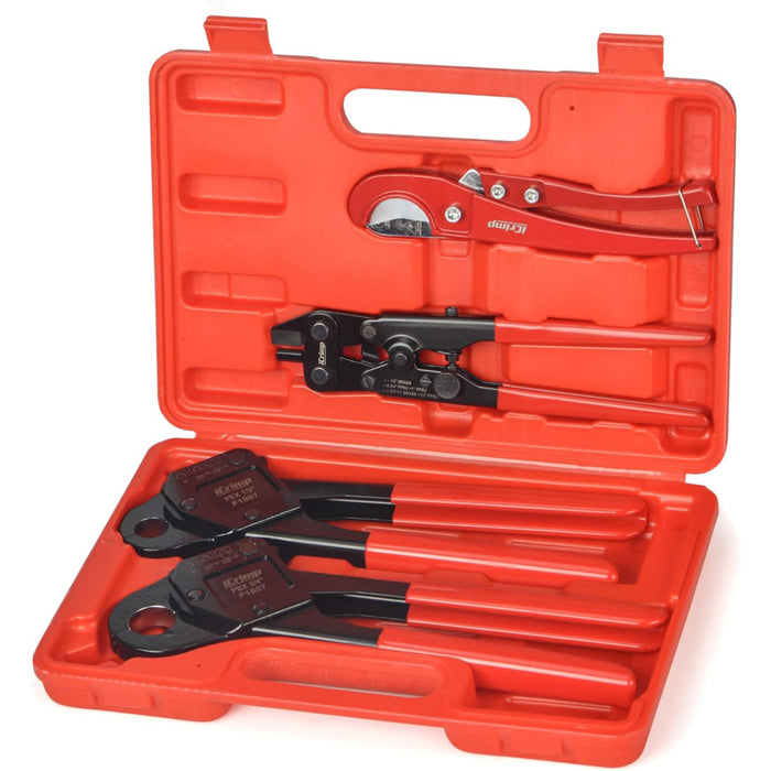 iCrimp IWS-1807CN PEX Crimping Tool Kit with PEX Crimpers, PEX Tubing Cutter, Copper Ring Removal Tool for 1/2’’ & 3/4’’ Copper Crimp Rings, Meets ASTM F1807 Standard