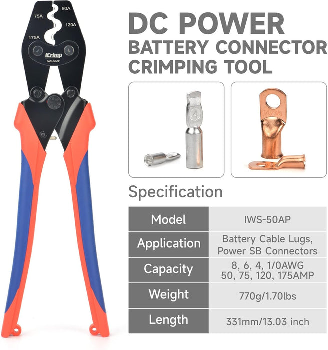 iCrimp IWS-50AP Battery Cable Crimping Tool for Power 50A & 75A Connectors, Anderson SB50 SB120 SB175 Connectors, AWG 8-1/0 Battery Cable Lugs