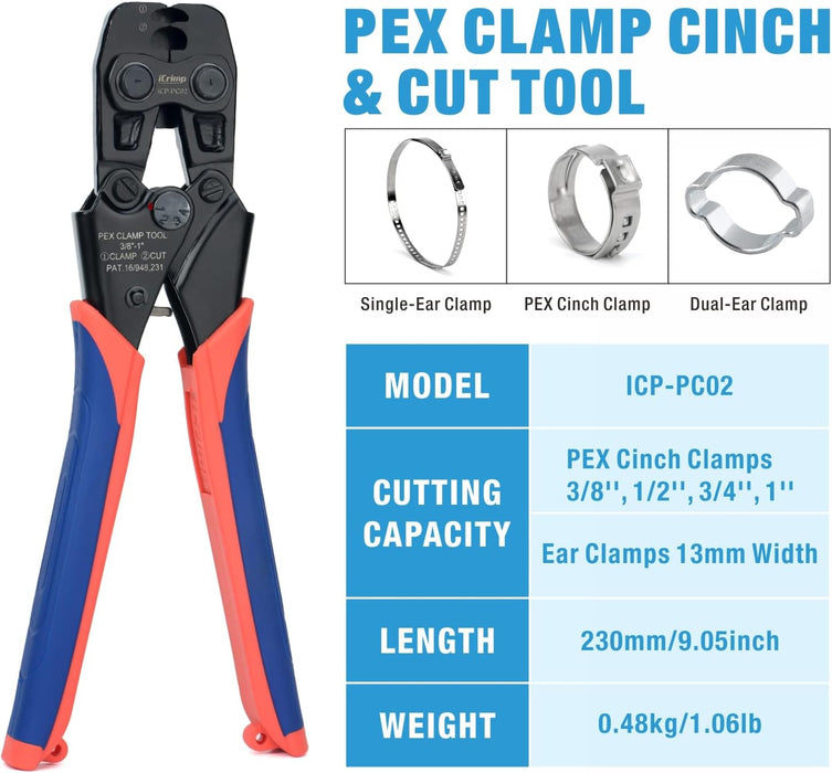 iCrimp PEX Clamp Cinch & Removal Tool for 3/8-in to 1-in Pinch Clamp Rings with 20pcs 1/2-in & 10pcs 3/4-in Clamps, Meets ASTM F2098 Standard