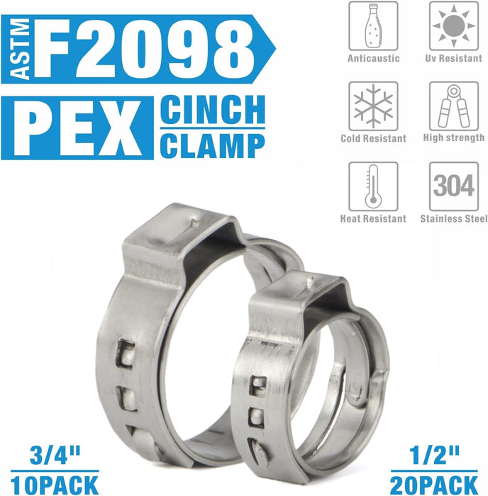 iCrimp PEX Clamp Cinch & Removal Tool for 3/8-in to 1-in Pinch Clamp Rings with 20pcs 1/2-in & 10pcs 3/4-in Clamps, Meets ASTM F2098 Standard
