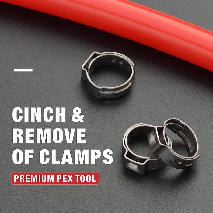 iCrimp PEX Clamp Cinch & Removal Tool for 3/8-in to 1-in Pinch Clamp Rings with 20pcs 1/2-in & 10pcs 3/4-in Clamps, Meets ASTM F2098 Standard