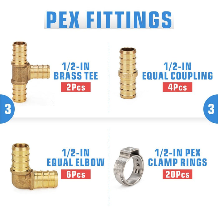 PEX Clamp Tool Kit with Stainless Steel Clamps, PEX Brass Fittings ...
