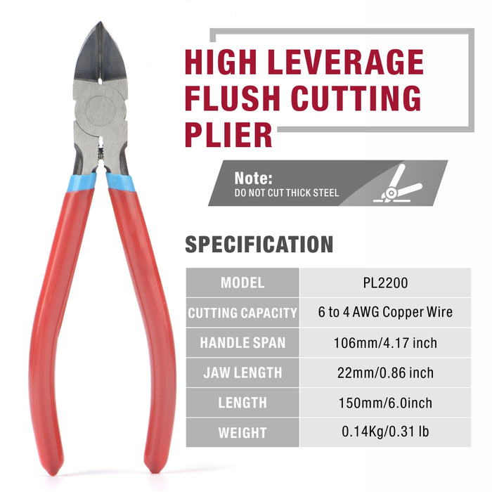 PL2200 Diagonal Flush Cutter, Side Cutting Pliers, Electronics Pliers with Pointed Nose for Reeled Terminals, Soft Wires, Electronics, Zip Tes
