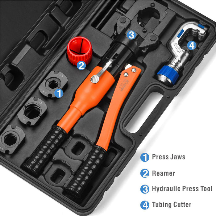 iCrimp Hydraulic Copper Tubing Press Tool Kit for 1/2-in,3/4-in,1-in Propress Copper Fittings, Copper Tubing Cutter & Chamfer Tool Included