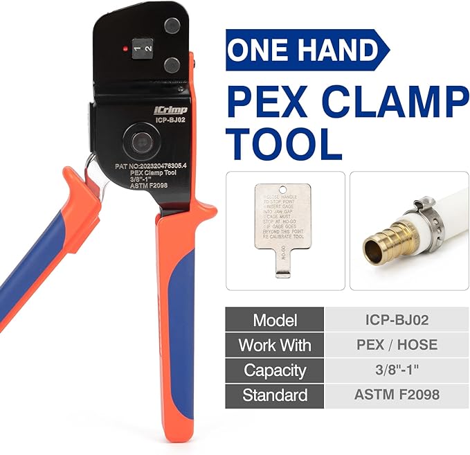 iCrimp ICP-BJ02 PEX Clamp Cinch Tool, One Handed PEX Crimping Tool for Pinching 3/8-in, 1/2-in, 3/4-in, 1-in PEX Clamp Rings, Patented