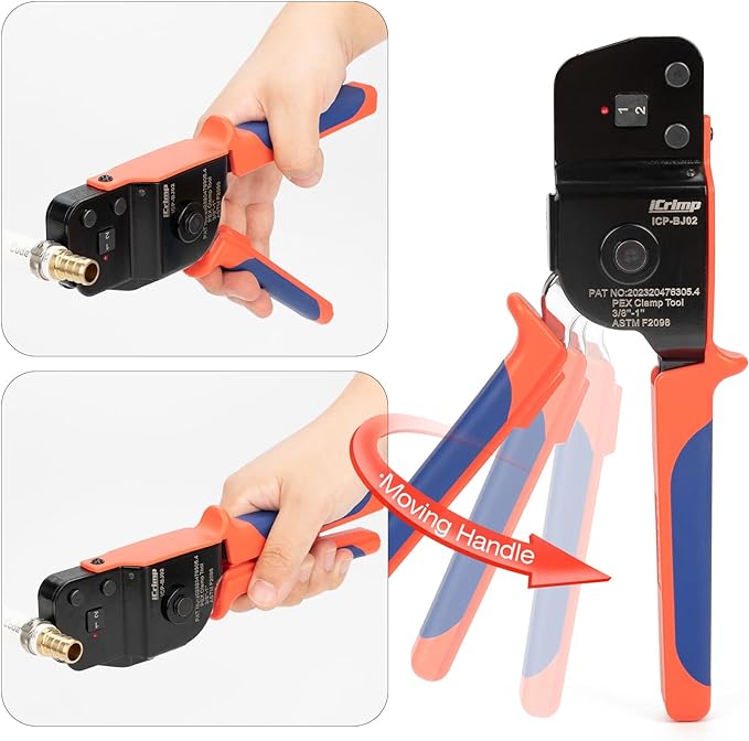 iCrimp ICP-BJ02 PEX Clamp Cinch Tool, One Handed PEX Crimping Tool for Pinching 3/8-in, 1/2-in, 3/4-in, 1-in PEX Clamp Rings, Patented