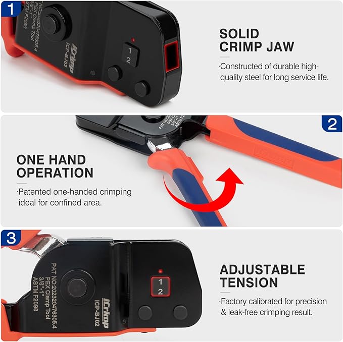 iCrimp ICP-BJ02 PEX Clamp Cinch Tool, One Handed PEX Crimping Tool for Pinching 3/8-in, 1/2-in, 3/4-in, 1-in PEX Clamp Rings, Patented