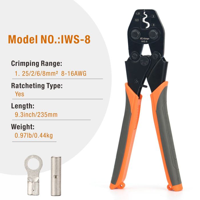 iCrimp IWS-38 Crimper for AWG 8-2 Works for Non-Insulated Terminals and Butt/Splice/Open/Plug Connectors for Auto Electrical, Motorcycle Wiring Repairs