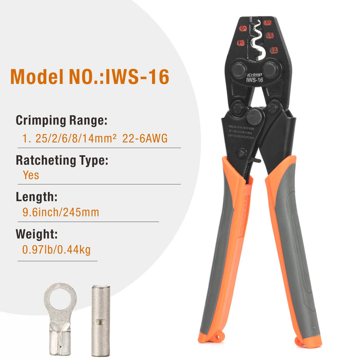 iCrimp IWS-38 Crimper for AWG 8-2 Works for Non-Insulated Terminals and Butt/Splice/Open/Plug Connectors for Auto Electrical, Motorcycle Wiring Repairs