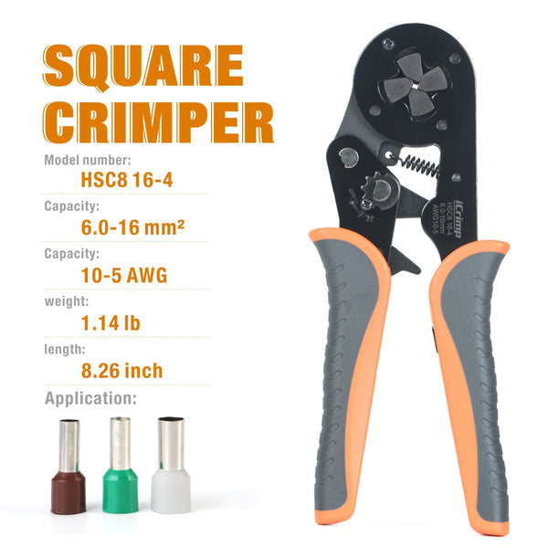 HSC8 16-4 Square Self-adjustable Ferrule Crimper for AWG10-5 Bootlace End-sleeves Ferrule