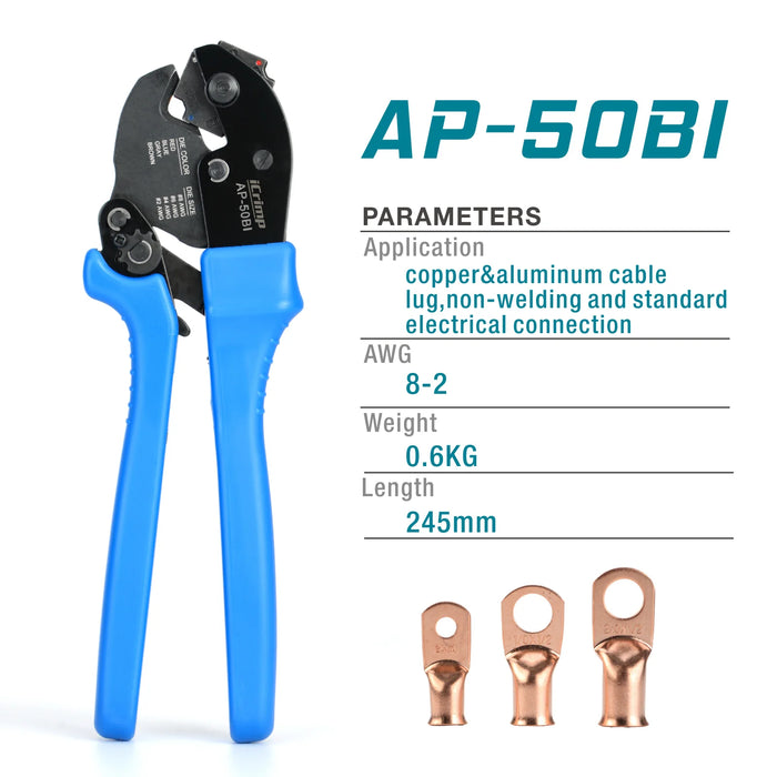 AP-50BI Battery Cable Terminal Lug Crimper for 8, 6, 4, 2AWG Copper Cable Lugs, Heavy Duty Battery Cable Ends
