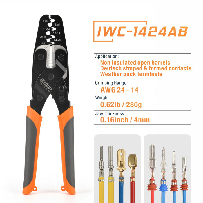 iCrimp IWC-1424AB Wire Crimping Tool for Weather Pack Terminals, Metri Pack Connectors, Open Barrel Terminals, Stamped Contacts with Built-in Wire Stripper and Wire Cutter