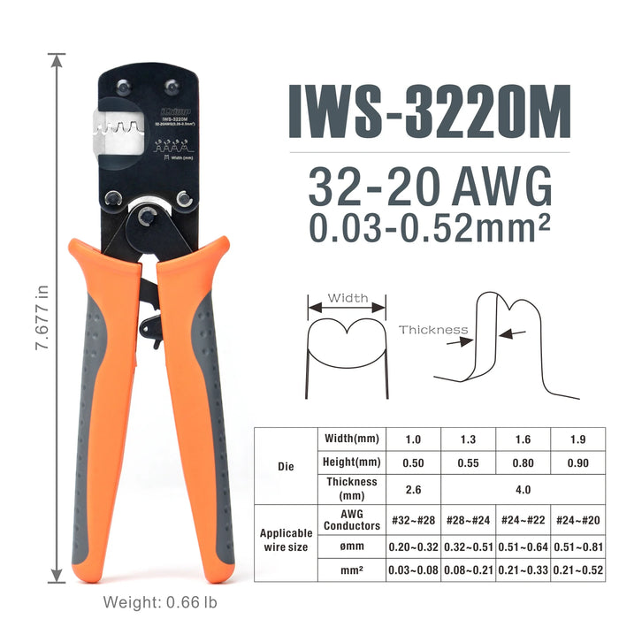iCrimp IWS-3220M Micro Connector Pin Crimping Tool 0.03-0.52mm² 32-20AWG Ratcheting Crimper for D-Sub,Open Barrel suits Molex,JST,JAE