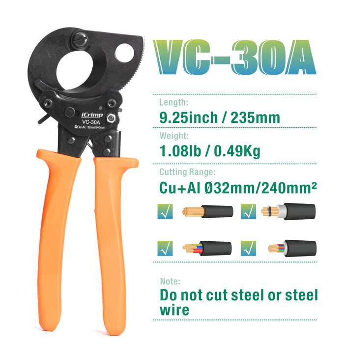 iCrimp Mechanical Cable Cutter VC-30A Wire Cutter Ratchet Cable Cutter For Cutting Copper And Aluminum Cable Below 500MCM/Dia 32mm/240mm²