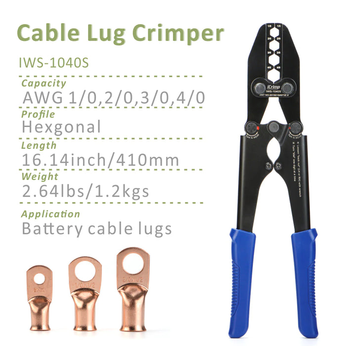 iCrimp Heavy Duty Copper Lug Crimping Tool, for AWG 8,6,4,2,1 Gauge Battery Cable Ring Terminal Ends with Built-in Cable Cutter