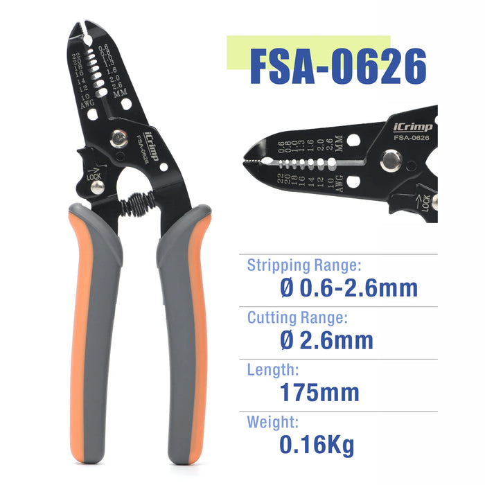 iCrimp FSA-0626 Wire Stripper for 0.6-2.6mm AWG 22-10 with Automatic Rebound Spring