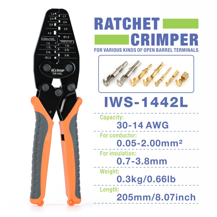 iCrimp IWS-1440L Open Barrel Terminals Crimper for Various-sized Contacts AWG 28-14 works on JST,Molex,TE,HRS