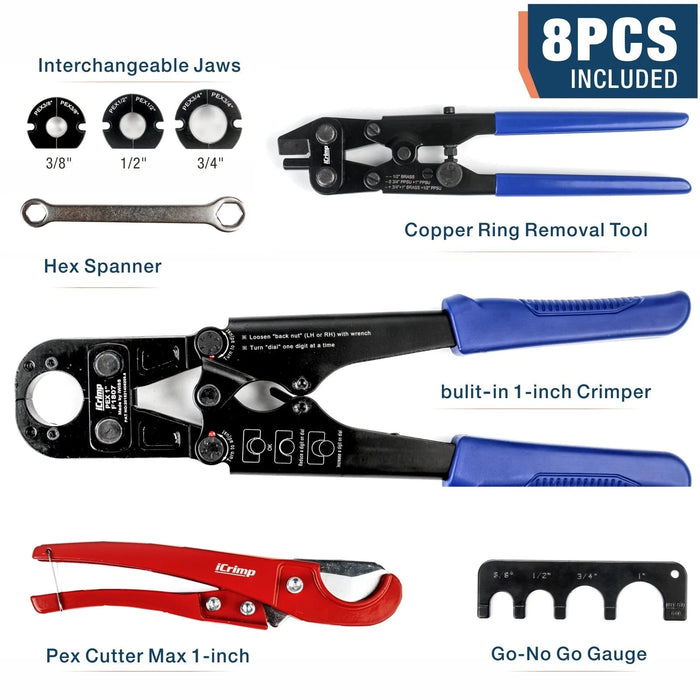 iCrimp F1807 PEX Crimper, Copper Pipe Crimping Tool Kit with 3/8,1/2,3/4,1-inch Jaws, PEX Tubing Cutter, Go/No-Go Gauge, Removal Tool Included