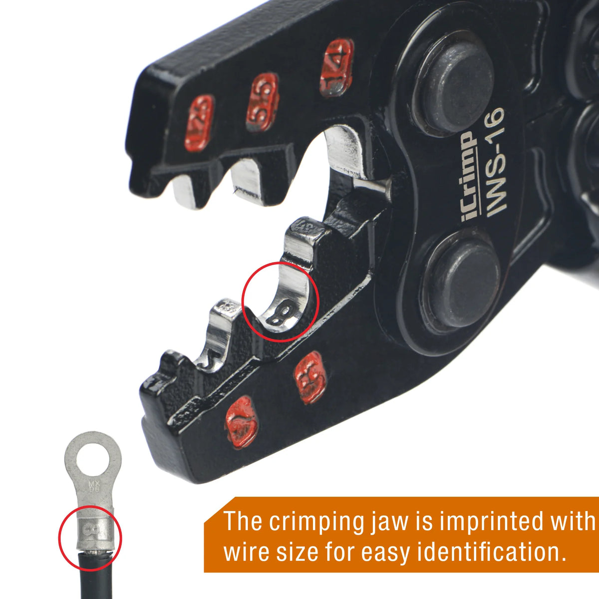The crimping jaw is imprinted with wire size for easy identification.