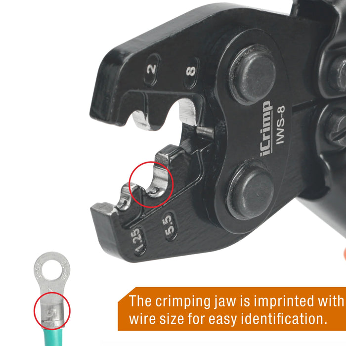The crimping jaw is imprinted with wire size for easy identification.