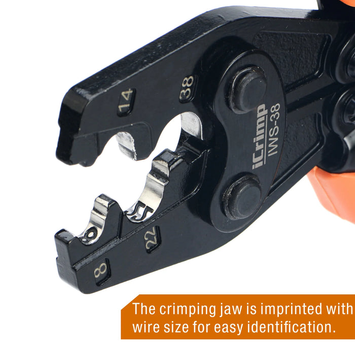 The crimping jaw is imprinted with wire size for easy identification.