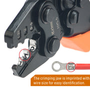 The crimping jaw is imprinted with wire size for easy identification.
