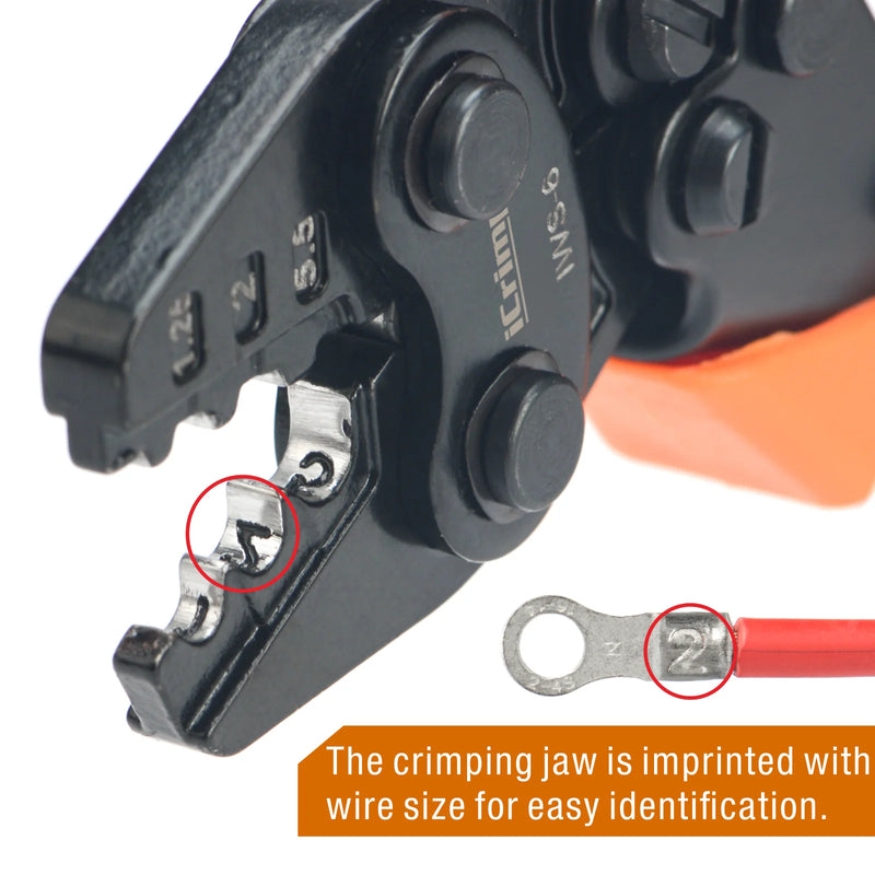 The crimping jaw is imprinted with wire size for easy identification.