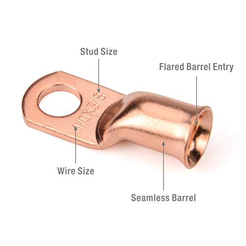 IWISS Heavy Duty Wire Lugs, Battery Cable Closed Ends, Bare Copper Eyelets, Tubular Ring Terminal Connectors Assortment Kit-50 pcs 10 Types AWG2,4,6,8,1/0