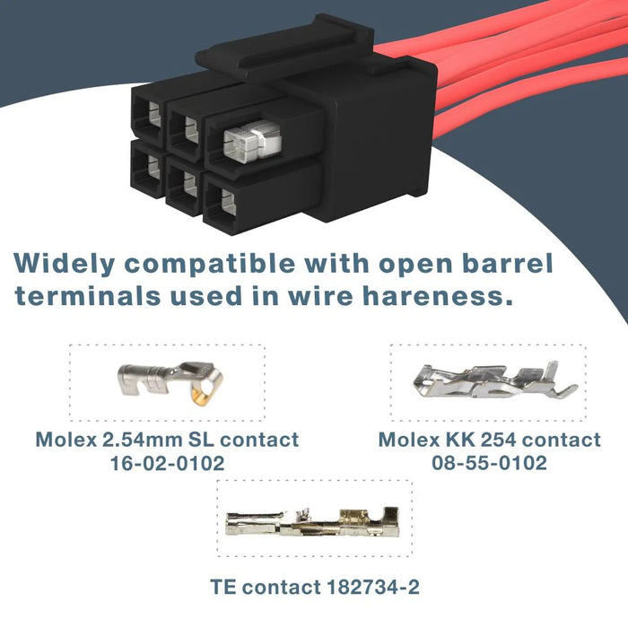 Widely compatible with open barrel terminals used in wire hareness.