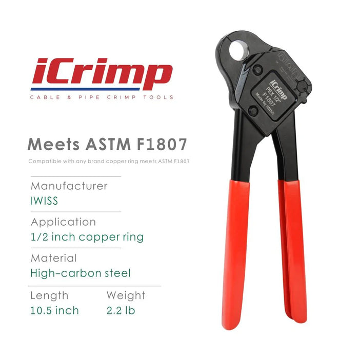 iCrimp PEX Pipe Crimping Tool, Used for 1/2-inch Copper Pex Crimps Rings, with Go/No-Go Gauge,Angled Head, suits All US F1807 Standards