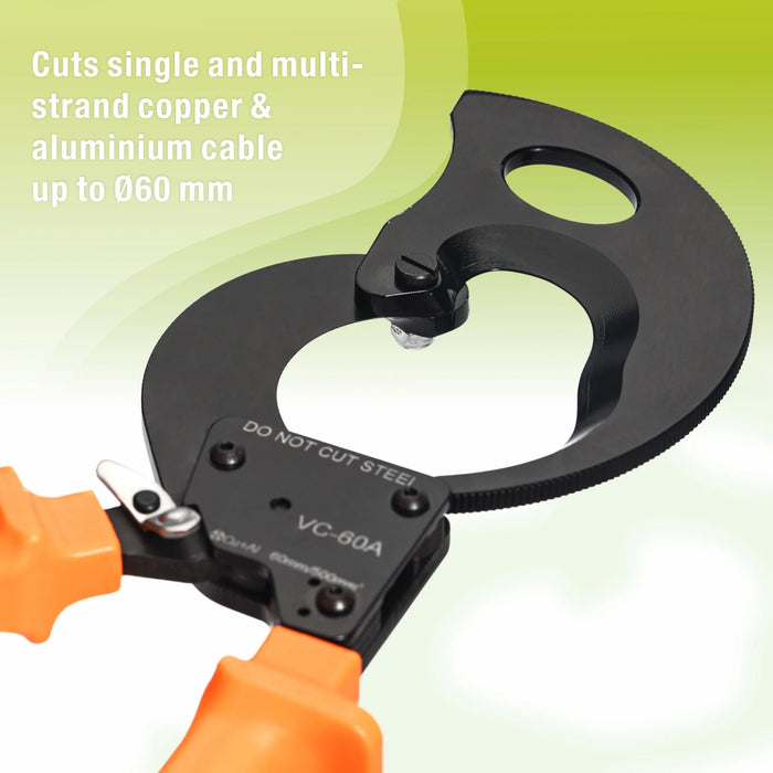 Cuts single and multistarand copper and aluminium cable up to 60mm