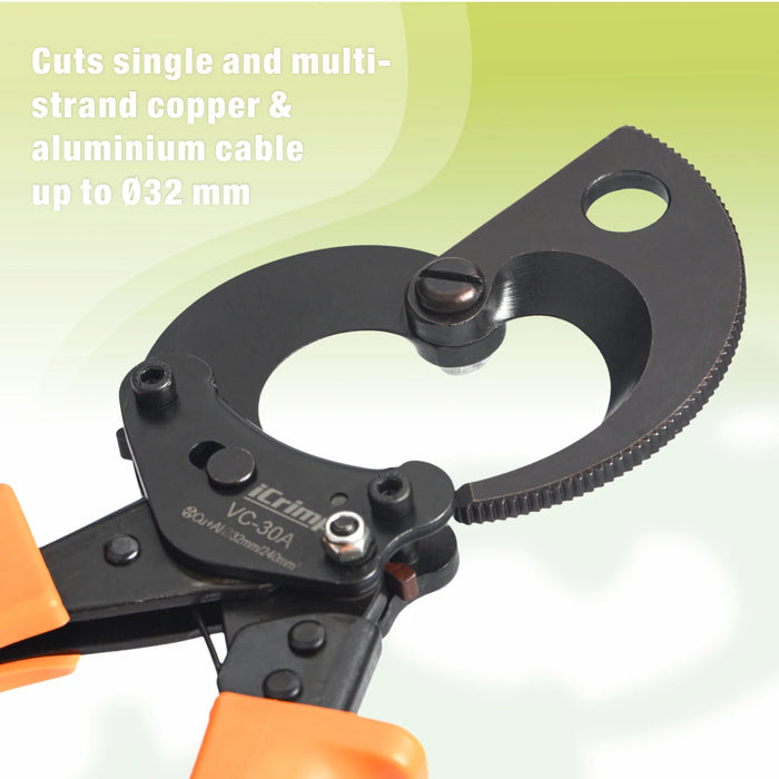 cuts single and multistrand copper and aluminium cable up to 32mm