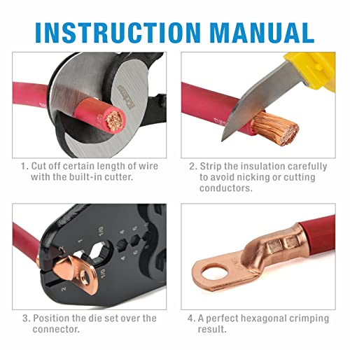 iCrimp IWS-0810N Battery Cable Terminal Lug Crimping Tool for 8,6,4,2,1,1/0 AWG Electrical Copper Battery Lugs, Fixed Hexagonal Crimping Die Sets