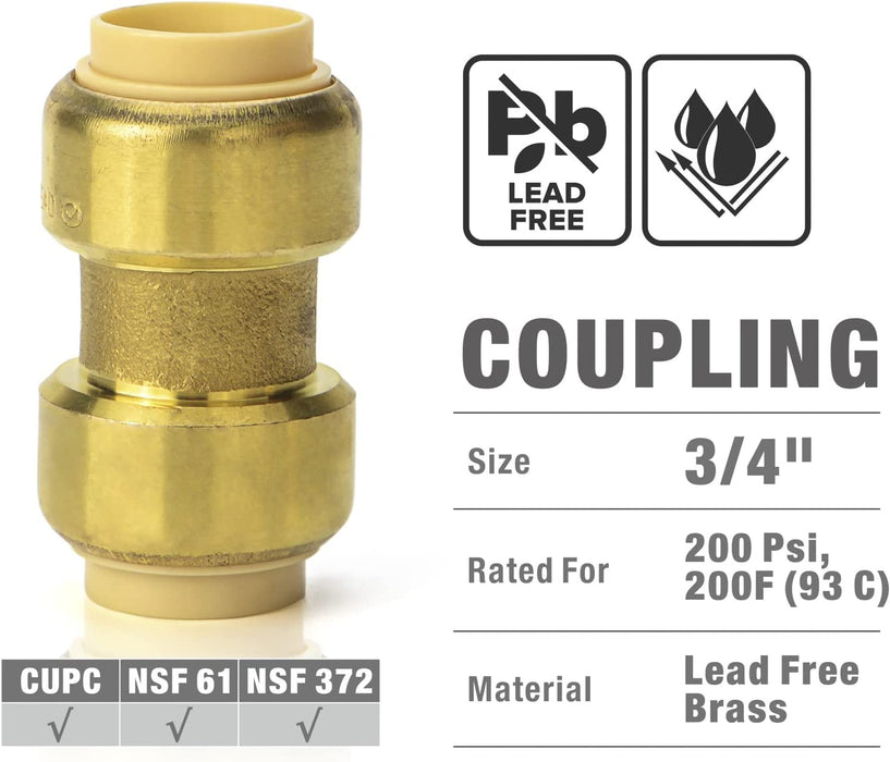 iCrimp 3/4-in Push Fit Coupling, Brass No Lead Push to Connect Fitting 5 Count), Use with PEX, Copper, PERT, CPVC Tubings