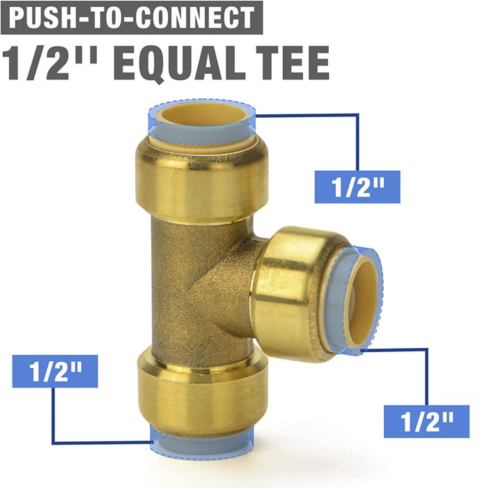 iCrimp 1/2 Inch Push-to-Connect Tee Fitting, Lead Free Brass Fitting for Potable Water Plumbing, 5 Count, NSF61 Certified